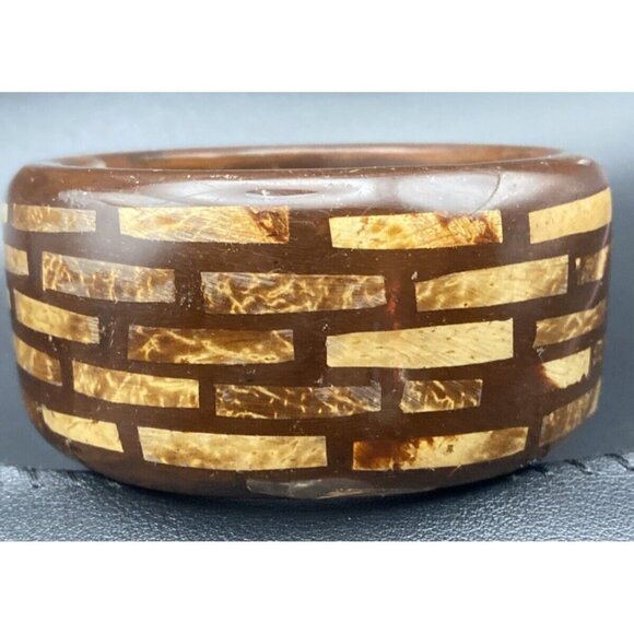 Signed Kenneth Lane Bangle Bracelet 1.5" Wide Inlaid Burled Chunky Wood 8" LOOK - Picture 11 of 15